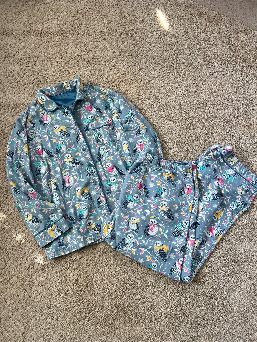 Nick & Nora Grey Owl Print Pajama Set with Pink, Yellow, Teal Accents